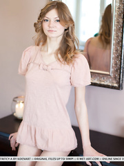 Hot legal age teenager Patritcy A peels her short costume to widen stripped on the hall table