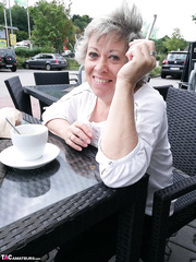 Far grandmother Caro flashes pubic hairs that escape her upskirt underclothing