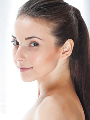 Sexy legal age teenager Breann in dark hose showing off lengthy legs & bald slit