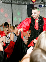 Party going females engulf and fuck male strippers out on the dance floor