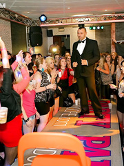 Drunken party strumpets giving a kiss & ball licking at the male undress club