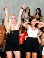 Club going cuties engulf pecker after getting drunk watching the male strippers