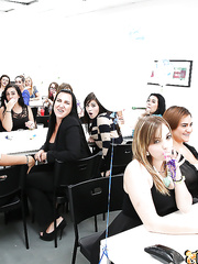 Breathtaking dressed ladies having a fellatio party at the office