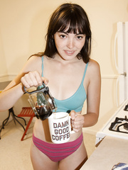 Nerdy girlfriend Debbie Vogel takes off her brassiere and pants to go undressed