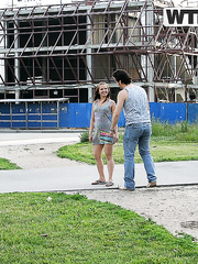 Slutty gal with a pierced tongue has hardcore Male+Male+Female sex on construction web resource