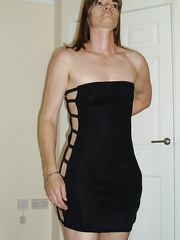 Slut whore wife shows her pussy lips in short revealing black dress
