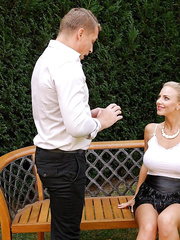 Smutty breasty blond gal receives her excited twat peed on in the back yard