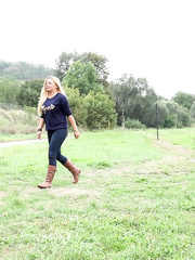 Thick golden-haired playgirl Jenna Ravishing squats for a void urine next to bench beside the road