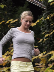 Cute golden-haired Victoria Pure hikes her petticoat to take a pee along country lane