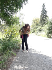 Hawt jogger Antonia drops her jeans to take a public void urine on the walking trail