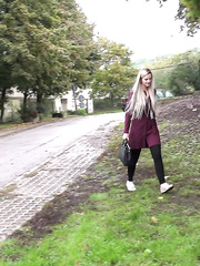 Filthy golden-haired female can't hold her pee any longer and makes water in public park