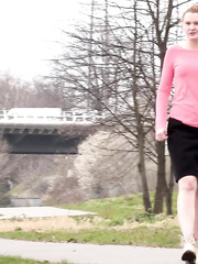 Cutie with strawberry golden-haired hair hikes her petticoat to pee on lawn on a dare