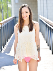 Petite titted chick squats & widens to show her shaved slit outdoors & inside