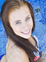 Miniature legal age teenager in bikini stretches bawdy cleft lips wide open and toys a-hole at the pool