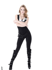 Pale female Perky Pie undresses to dark boots during solo act