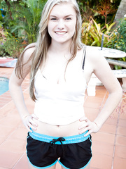 Legal Age Teenager dilettante Cassidy Ryan lets a nip slide after stripping to her underclothing