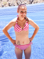 Diminutive dilettante Syara rides a suction vibrator in the undressed and with petticoat hiked