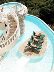 Large tit models Sha Rizel,strapon Valory Irene & Hitomi lounge in bikini bottoms