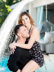 Hawt white cutie Leah Gotti does a slow striptease afore a courtyard fountain