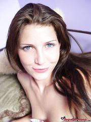 Hawt dark brown Jenni Lee displays tiny breasts & closeup pink to give POV oral-sex