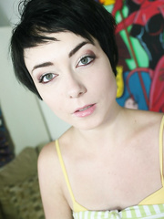 Short haired brunette hair Zoe Voss undresses stripped prior to a POV oral sex