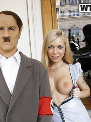 Perverteds blond babe fists her own dark hole during hardcore sex in public place