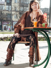 Hawt brunette hair Red Eva exposes her meatballs and vagina during the time that out in public