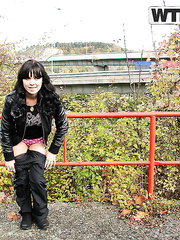 Hot dark brown steps off a walking path for anal sex on a Fall day