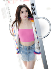 White beauty spills cum from pursed lips after sex with a BBC at a gloryhole