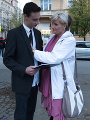 Hot aged lady with blond hair hooks up with her toy lad during her travels