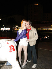 Nylons clad whore LaMia flashing whoppers,strapon fucking & getting facial on street