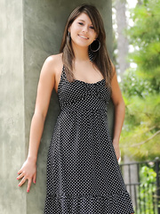 Sultry vixen Shyla Jennings flashes undressed large bra buddies & lifts her petticoat in public