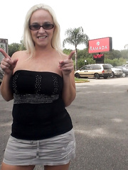 Blond wife Dee Siren flashes her large mounds in advance of fucking a darksome bull