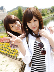 Japanese lesbian babes Rimu Endo & Ueno Misaki show naked legs during the time that taking a stroll