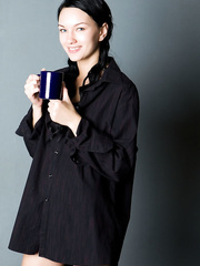 Breathtaking brunette hair cutie Loreen A doffs lace underware to pose erotically naked