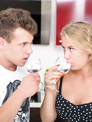 Youthful blond angel Casey and her lad fuck after a glass of white wine