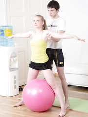 Juvenile blond cutie is tempted and drilled by her yoga instructor