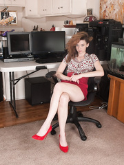Non-Professional female Emma Evins has her unshaved bush ravaged by her  in home office