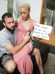 Short haired swarthy doll undresses and swallows a large corpulent white 10-Pounder