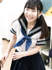 Cute Japanese schoolgirl lifts her petticoat to masturbate for teacher in class