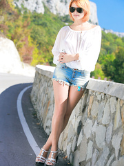 Sexy redhead Violla A bares her flawless milk cans in advance of showcasing her palatable muff