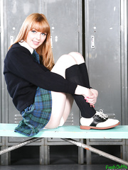 Cute schoolgirl with red hair Marie Mccray copulates a rod in the shower