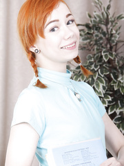 Legal Age Teenager gal with red hair Kira Roller rides an old 's dong in lengthy socks