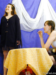 Youthful Russian gal is tempted by a double sex toy wielding lesbo