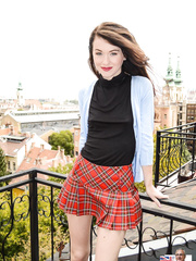 Hawt coed in school uniform & knee socks flashing booty for oldman inspection