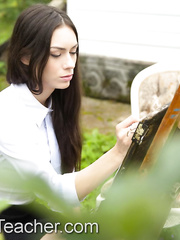 Glamorous legal age teenager Arwen Gold has sex with an old dude in a forest clearing