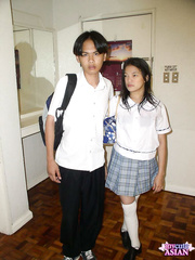 Oriental schoolgirl bonks her boyfriend after class in white knee socks
