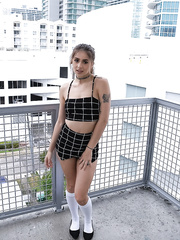 Gorgeous miniature titted Sofie Reyez peels her slutwear to pose naked on the balcony