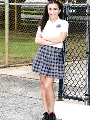 Miniature schoolgirl Kharlie Stone has exceedingly diminutive muff filled with large 10-Pounder