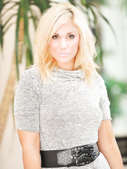 Golden-Haired chick in high heels slipping pants over bald muff and nifty a-hole